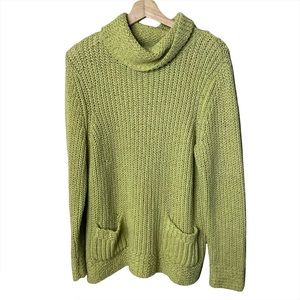 Chico's Cowl Neck Sweater Chartreuse Green Chunky Ribbed Knit Pockets